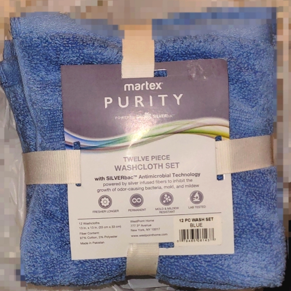 MARTEX PURITY 12-PIECE WASH CLOTH SET ANTIMICROBIAL, BLUE, 13 inch x 13 inch